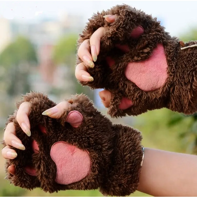 Winter Lovely Cartoon Cat Claw Lady Gloves Thick Warm Fluffy Paws Half Finger Gloves(Coffee)