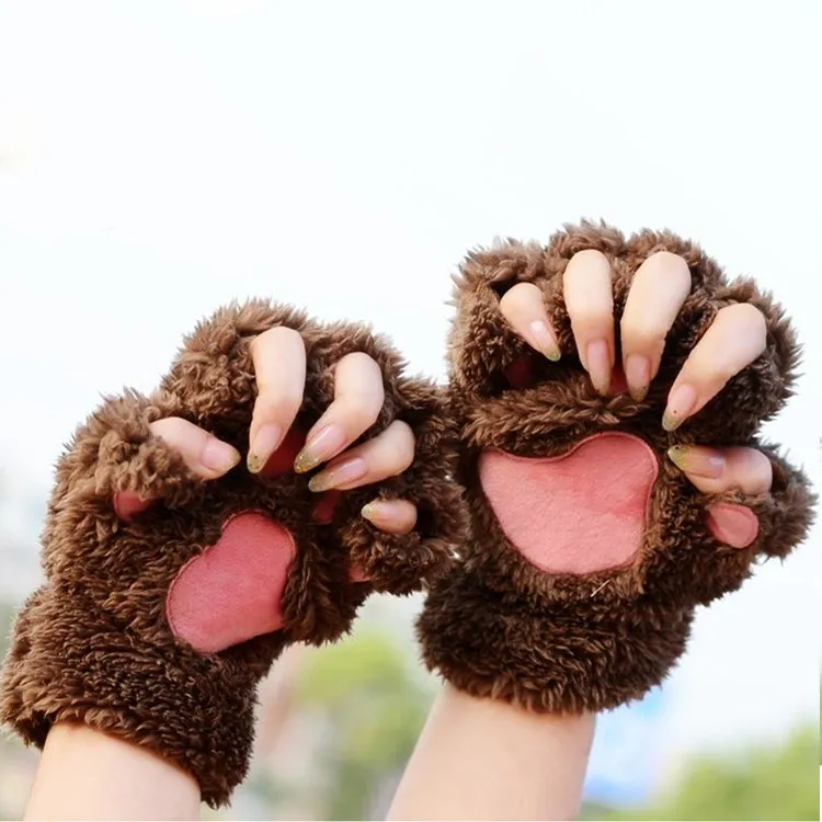 Winter Lovely Cartoon Cat Claw Lady Gloves Thick Warm Fluffy Paws Half Finger Gloves(Coffee)