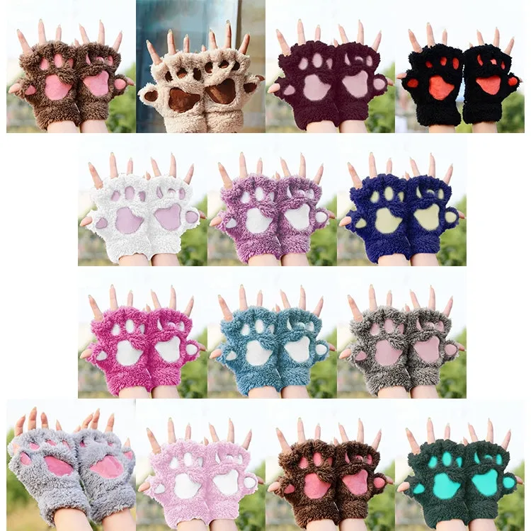 Winter Lovely Cartoon Cat Claw Lady Gloves Thick Warm Fluffy Paws Half Finger Gloves(Coffee)