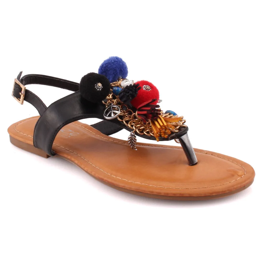 Women "Bestow" Embroidered Pom Pom Sandals