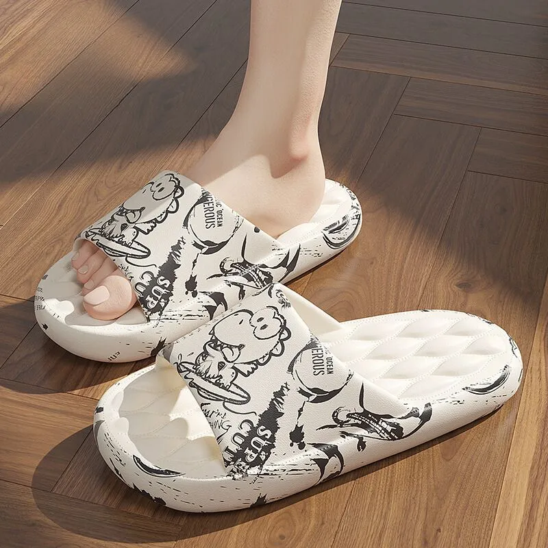 Women's Cute Cartoon Print Cloud Slides Super Soft Sole Open Toe EVA Indoor & Outdoor Beach Slides